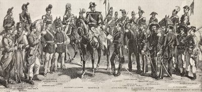1859年のピエモンテ軍：歩兵、砲兵、工兵、擲弾兵、将校、将軍、槍兵、騎兵、銃兵、L