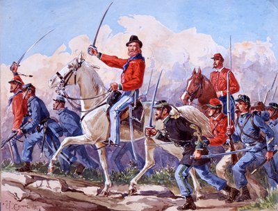 リソルジメント：ローマに進軍するジュゼッペ・ガリバルディ（1807-1882）の軍勢。Quinto Cenniによる水彩画 1892年 作： Quinto Cenni