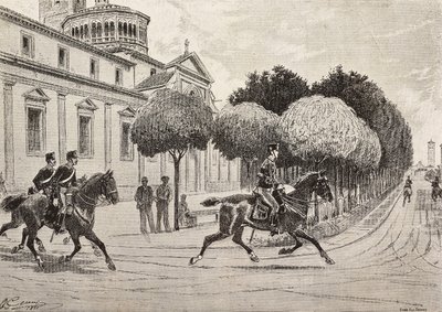 イタリア、サロンノの聖域、ベアタ・ヴェルジネ・デイ・ミラコリの前を通過する馬上の兵士たち、クイント・チェンニの描いた絵からのエングレーヴィング、L
