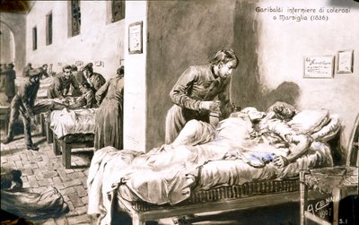 イタリアの愛国者ジュゼッペ・ガリバルディ（1807-1882）は、パン・ボレル（Pane Borel）の名で、1836年にマルセイユでコレラ患者に看護師をしていた。19世紀の絵葉書 プライベート・コレクション 作： Quinto Cenni