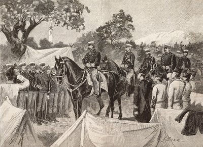 イタリア国王ウンベルト1世（1844-1900）と軍キャンプを視察する将校たち（9月11日 作： Quinto Cenni