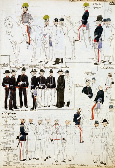 1849年のモデナ公国の軍服、水彩画による軍隊スケッチのCenni Codexコレクションからのプレート 作： Quinto Cenni