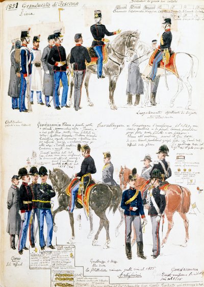 1851年のトスカーナ大公国の軍服（クイント・チェンニ（1845-1917）が描いた軍事スケッチ集「チェンニ写本」からの抜粋 作： Quinto Cenni