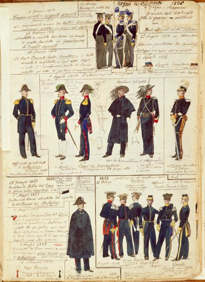 1836年から1886年にかけてのピエモンテ軍の制服。カラー図版：Cenni Quinto 作： Quinto Cenni