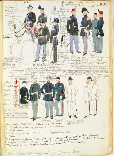 1848年のピエモンテ軍のユニフォーム。カラー図版：Cenni Quinto 作： Quinto Cenni
