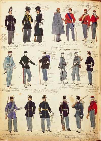 Quinto Cenniによる1859年から1866年の間に一般的に使用された様々なイタリアのユニフォーム、カラープレート 作： Quinto Cenni