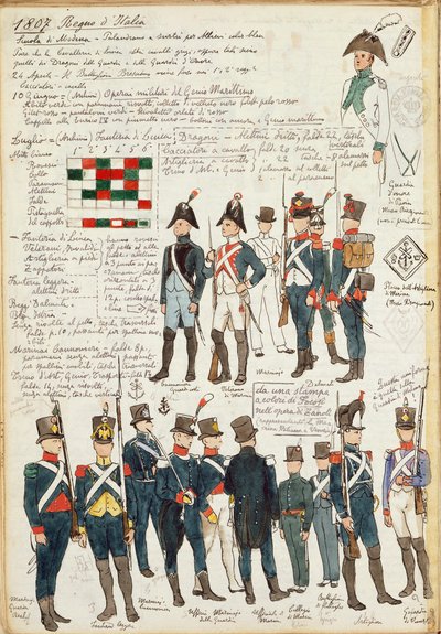 1807年からのイタリア王国の各種ユニフォーム。カラー図版：Cenni Quinto 作： Quinto Cenni