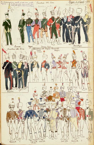 1814年からのナポリ王国の様々なユニフォーム。カラープレート：Cenni Quinto 作： Quinto Cenni