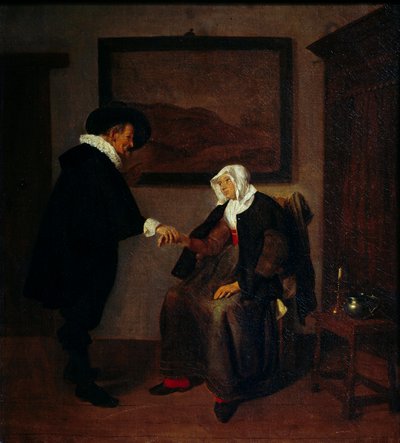 コンサルテーション クィーリング・ゲリッツ・ファン・ブレッケレンカム（1620～1668年頃）の絵画。太陽 0,57x0,52 m 作： Quiringh Gerritsz. van Brekelenkam