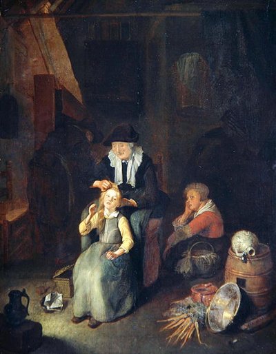 コテージ インテリア 女性が女の子の髪を梳く 作： Quiringh Gerritsz. van Brekelenkam