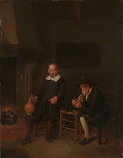 暖炉のそばに 2 人の男性がいるインテリア 作： Quiringh Gerritsz. van Brekelenkam