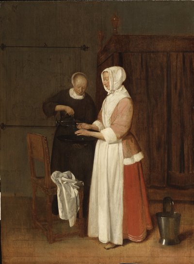 Une femme lave ses mains - A woman Washing her hands, by Brekelenkam, Quiringh van (ca 1622-ca 1669).木に油彩 作： Quiringh Gerritsz. van Brekelenkam