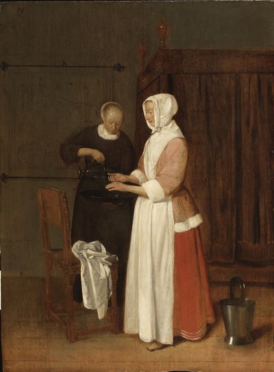 手を洗う女、1662年（カシの油） 作： Quiringh Van Brekelenkam