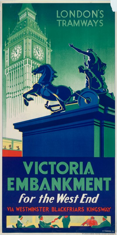 「ビクトリア堤防」、ロンドン カウンティ カウンシル LCC トラムウェイのポスター、1932 年 作： RF Fordred