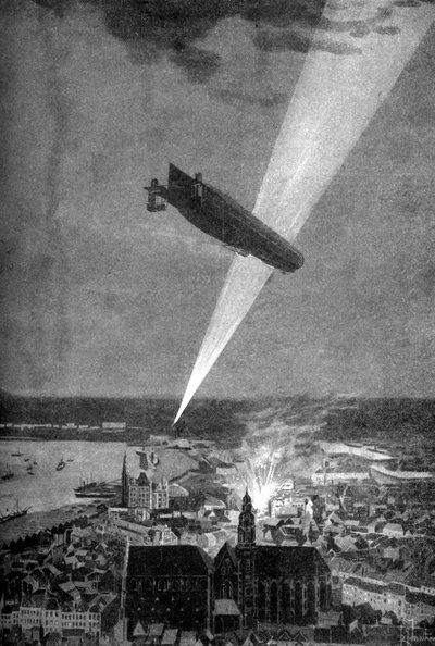 アントワープへのツェッペリン爆撃、第一次世界大戦、1914年8月24日。 作： R.G. Mathews
