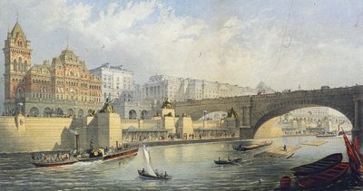 「テムズ堤防 - ウォータールーの蒸気船着陸桟橋」、ロンドン、1864 年 作： RM Bryson