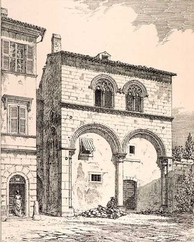 イタリア・ヴィテルボ、ドゥオモ広場の家（W.Mackenzie出版「12世紀から15世紀までのフランスとイタリアの自治体、商業、街路建築の例」より）。 作： R. (after) Anderson