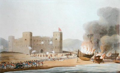 1809年11月27日のルフト砦への攻撃。「16 Views of Places in the Persian Gulph, taken in the Year 1809-10 illustrative of the Proceedings of the Forces employed on the Expedition from Bombay」より、I.クラークの彫刻、1月発行 作： R. (after) Temple