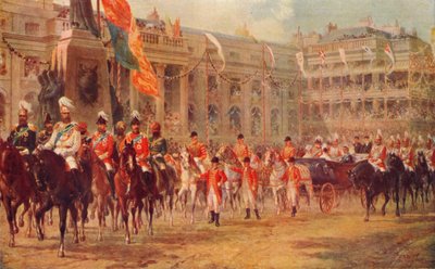 「1887 年 6 月 21 日、ウェストミンスター寺院に向かう女王の祝祭の行列」、1906 年 作： R Dudley