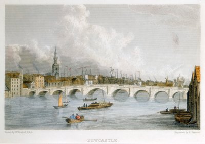 ニューカッスル・アポン・タイン、イングランド、c1830 のタイン川を渡る石造りのアーチ橋。 作： R Francis