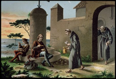 クリストファー・コロンブス (1451-1506) のラ・ラビダ修道院での息子との到着、1878 年にバルセロナで出版された「アメリカの発見」から (カラーリソ) 作： R. Puiggari