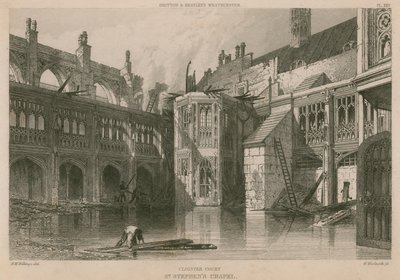 1834年10月16日の火事の後、セントスティーブンスチャペルの回廊コート 作： R. W. Billings