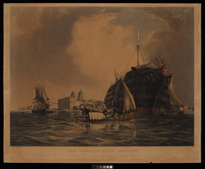 1831年6月20日、グリニッジ沖のテムズ川に係留されたドレッドノート104砲、万国民のための病院船。 作： R. W. Price