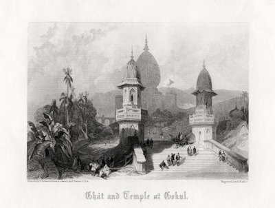 インド、ゴクルのガートとテンプル、c1838。 作： R. Wallis