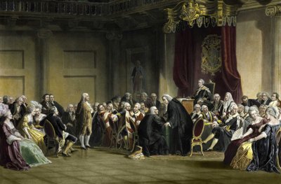 アメリカの哲学者、物理学者、政治家であるベンジャミン・フランクリン（1706-1790）が、ロンドンのホワイトホール・チャペルで枢密院の領主たちの前でスピーチを行った。 作： R. Whitechurch