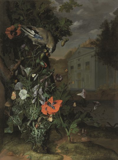 森の床とその向こうのクラシカルなファサード（油彩・キャンバス） 作： Rachel Ruysch