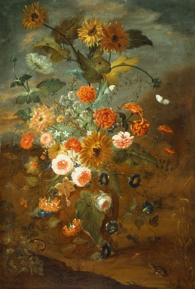 バラ、カーネーション、ヒマワリ、花瓶に蝶、カエル、昆虫（キャンバスに油彩） 作： Rachel Ruysch