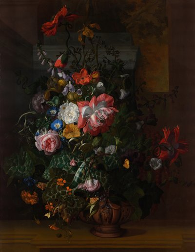 石の棚の壷にあるバラ、渦巻き、ポピー、その他の花 作： Rachel Ruysch