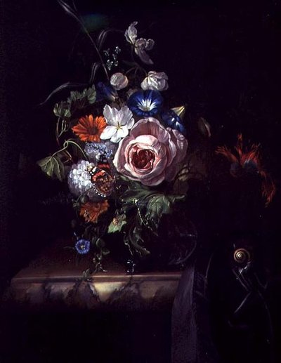 ガラスボウルに入ったバラなどの花（油彩・キャンバス） 作： Rachel Ruysch