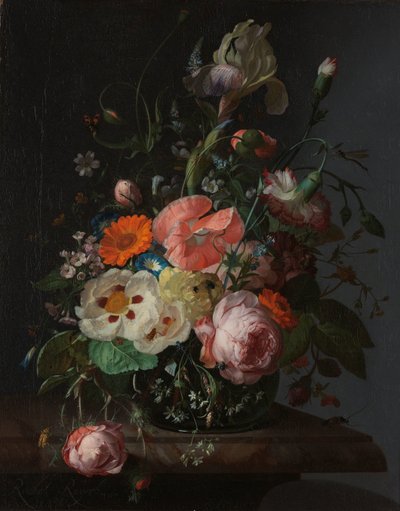 大理石の卓上の花のある静物 作： Rachel Ruysch