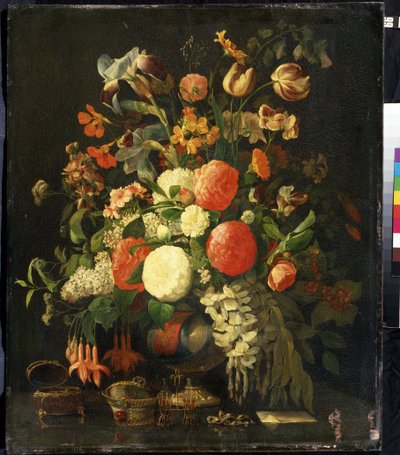 「花束」（花） テーブルの上には宝石箱。 Rachel Ruysch (1664-1750) による絵画 18 世紀 Mikhail Kroshitsky Art Museum、Sevastopol (Sevastopol) ウクライナ 作： Rachel Ruysh