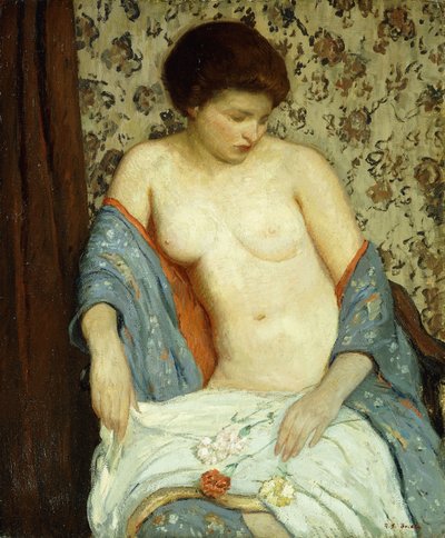 青い着物のヌード（キャンバスに油彩） 作： Rae Sloan Bredin