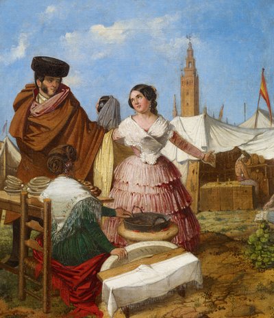 セビリアフェアのリング型ペストリー屋台での求愛 - ベンジュメア、ラファエル (c. 1825-c. 1887) - 1852 - キャンバスに油彩 - 35x30 - カルメンティッセン美術館、マラガ 作： Rafael Benjumea