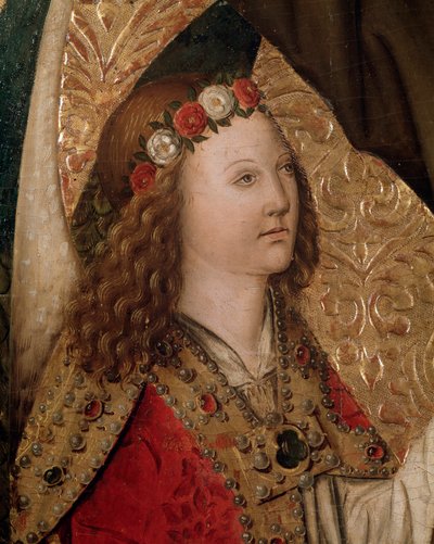 天使、シエナの聖ベルナルディンの祭壇画の詳細 (パネルに油彩) 作： Rafael & Figuera Joan (active c.1454 1477) Tomas