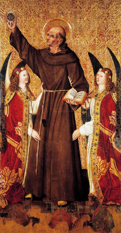 Pyhä Bernard ja enkelit, Rafael Tomasin (aktiivinen 1455-1479) Pyhän Bernardin alttaritaulun keskipaneeli, Joan Figueran predella (aktiivinen vuodesta 1454 - kuoli 1477 tai 1479), paneelin tempera, 398, 9x253 cm 作： Rafael & Figuera Joan (active c.1454 1477) Tomas
