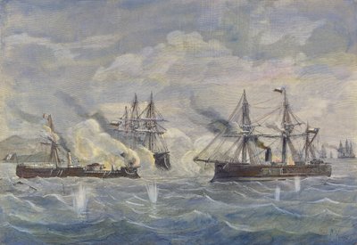 1879年のペルー船「ワスカル」とチリの「ブランコ・エンカラダ」および「コクラン」の間の海戦 作： Rafael Monleon y Torres