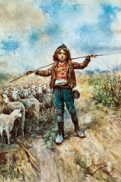 シェパードの肖像。ラファエル・セネット・イ・ペレス（1856-1926）の水彩画。1882年セビーリャ。セビリア美術館。©AISA/Leemage 作： Rafael Senet