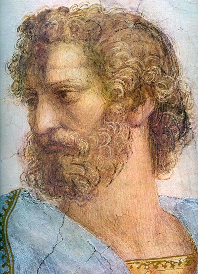 アリストテレス。セグナチュラの部屋。アテネスクール詳細、1509-1511 作： Raffaello Sanzio Raphael