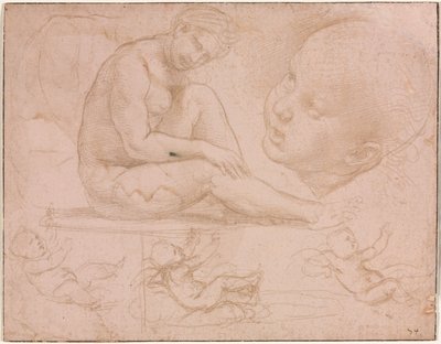 着席した女性、子供の頭、および赤ちゃんの3つの研究の研究c。 1507-8。 作： Raffaello Sanzio Raphael