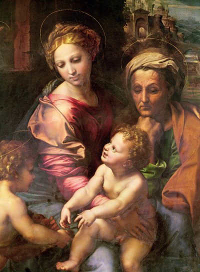 聖家族（または真珠）、詳細：聖母、聖エリザベスと子供、c.1518（木の上の油） 作： Raffaello Sanzio Raphael