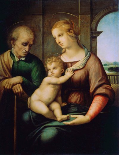 聖家族、またはひげのないジョセフとマドンナ、c1506 作： Raffaello Sanzio Raphael