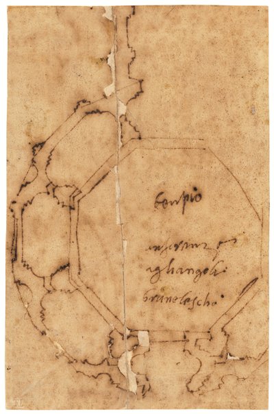 フィレンツェ、サンタ・マリア・デッリ・アンジェリの平面図（油絵トレーシングペーパー、ペン、茶インク） 作： Raffaello da Montelupo