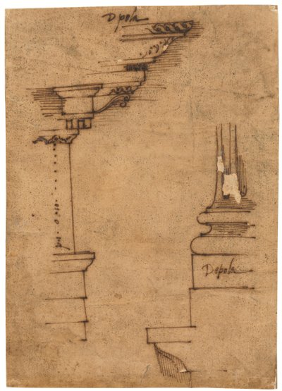 エンタブラチャーと台座のデザイン（油絵のトレーシングペーパーにペン、茶インク） 作： Raffaello da Montelupo