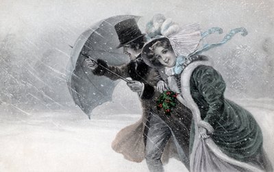 19世紀末／20世紀初頭、傘をさした暴風雪の中のカップル（プリント） 作： Raimund Ritter Von Brennerstein (1862 1925) Wichera