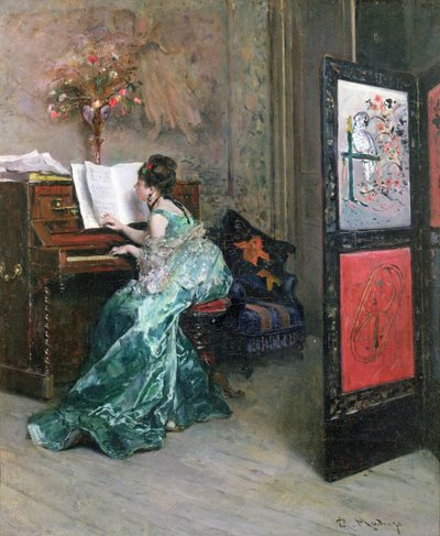 インテリアでピアノを弾く女性 作： Raimundo de Madrazo y Garreta