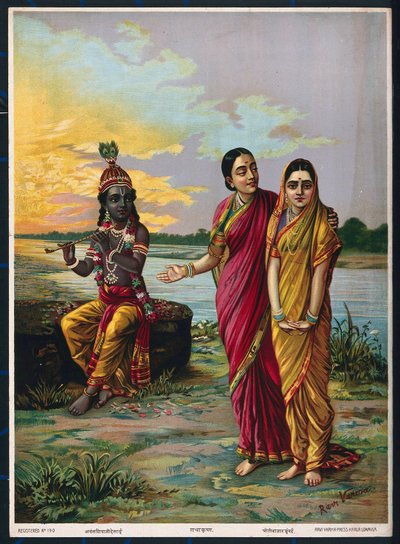 クリシュナは、1900年以降、親友を介してラダへの愛を宣言しています（カラーリソ） 作： Raja Ravi Varma